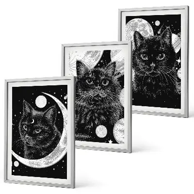 Composição de quadros moderna com gatos pretos, lua e espaço