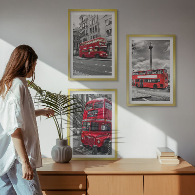 Conjunto de 3 quadros com moldura Ônibus vermelhos em Londres