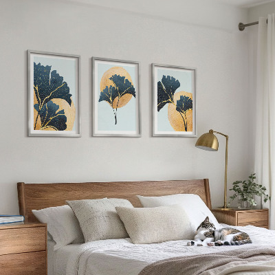 Conjunto de quadros para sala de estar Folhas de Ginkgo em fundo claro