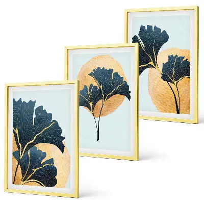 Conjunto de quadros para sala de estar com folhas de ginkgo em fundo claro