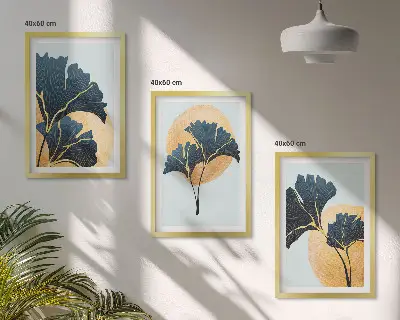 Conjunto de quadros para sala de estar com folhas de ginkgo em fundo claro