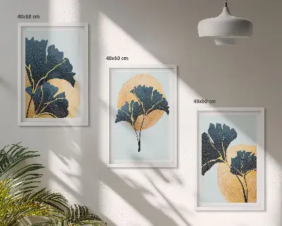 Conjunto de quadros para sala de estar com folhas de ginkgo em fundo claro