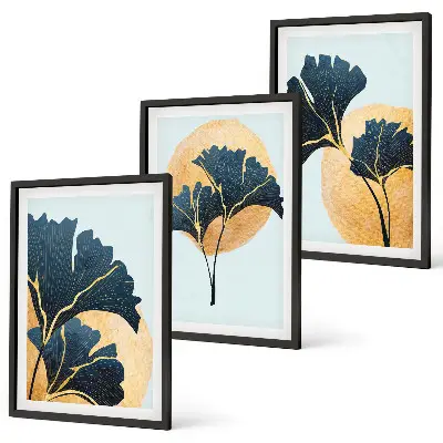 Conjunto de quadros para sala de estar com folhas de ginkgo em fundo claro