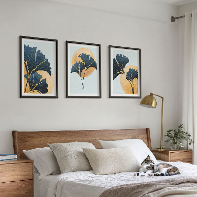 Conjunto de quadros para sala de estar Folhas de Ginkgo em fundo claro