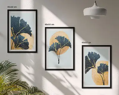Conjunto de quadros para sala de estar com folhas de ginkgo em fundo claro