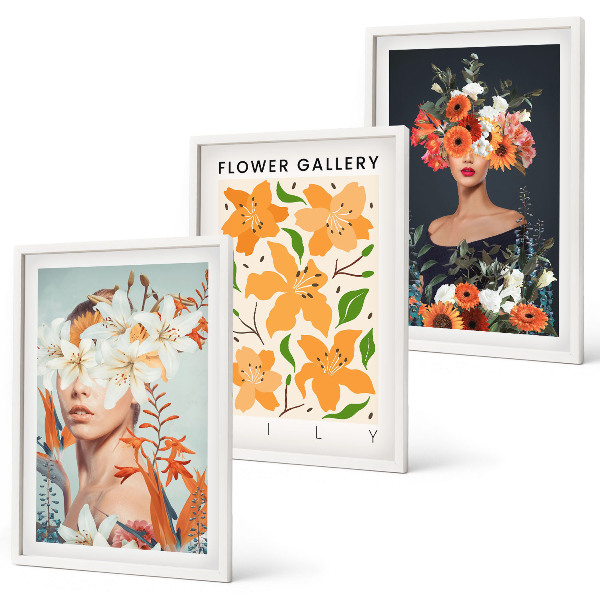 Conjunto de 3 quadros com moldura Retratos florais com buquês