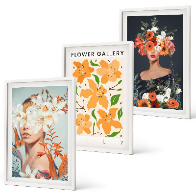 Conjunto de 3 quadros com moldura Retratos florais com buquês