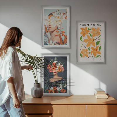 Conjunto de 3 quadros com moldura Retratos florais com buquês