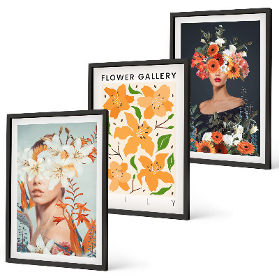 Conjunto de 3 quadros com moldura Retratos florais com buquês
