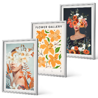 Conjunto de 3 quadros com moldura Retratos florais com buquês