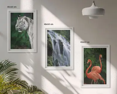Composição de quadros moderna com cachoeira, tigre e flamingos em estilo natureza