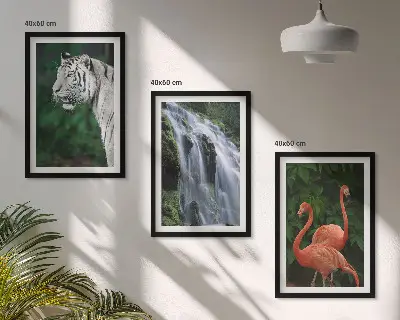 Composição de quadros moderna com cachoeira, tigre e flamingos em estilo natureza