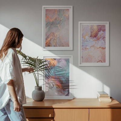 Conjunto de 3 quadros com moldura Padrões abstratos em tons pastel