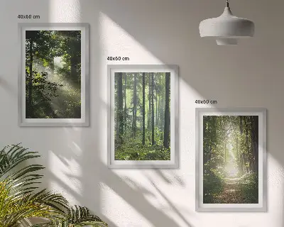 Conjunto de quadros para sala de estar com estampa de florestas verdes e raios de luz