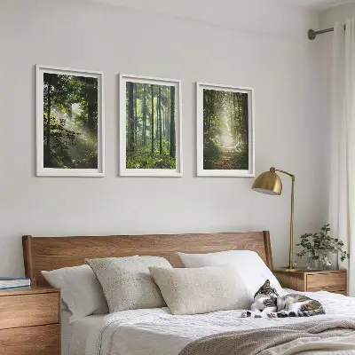 Conjunto de quadros para sala de estar com estampa de florestas verdes e raios de luz