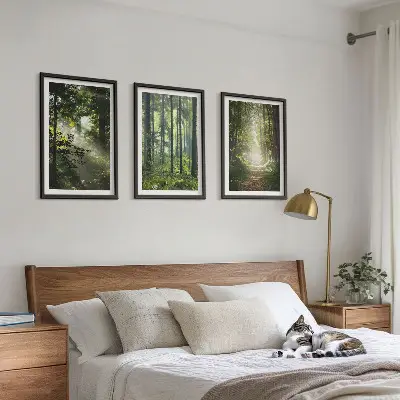 Conjunto de quadros para sala de estar com estampa de florestas verdes e raios de luz