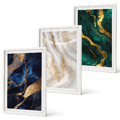 Conjunto de 3 quadros com moldura Padrões abstratos em tons de azul e verde
