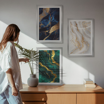 Conjunto de 3 quadros com moldura Padrões abstratos em tons de azul e verde