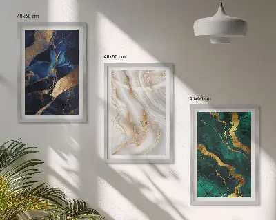 Conjunto de 3 quadros com moldura com padrões abstratos em tons de azul e verde