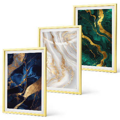 Conjunto de 3 quadros com moldura Padrões abstratos em tons de azul e verde