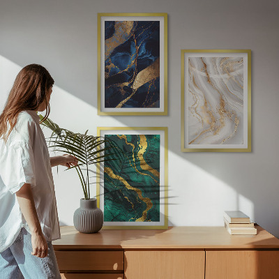 Conjunto de 3 quadros com moldura Padrões abstratos em tons de azul e verde