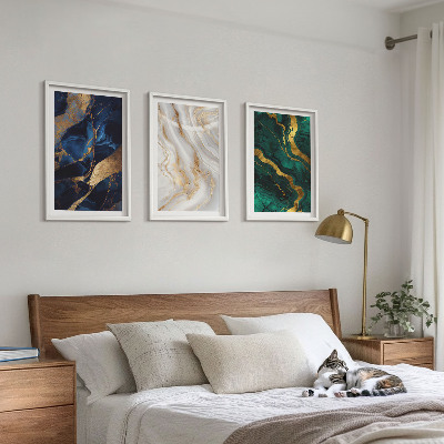 Conjunto de 3 quadros com moldura Padrões abstratos em tons de azul e verde