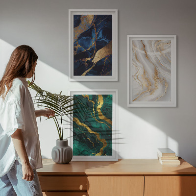 Conjunto de 3 quadros com moldura Padrões abstratos em tons de azul e verde