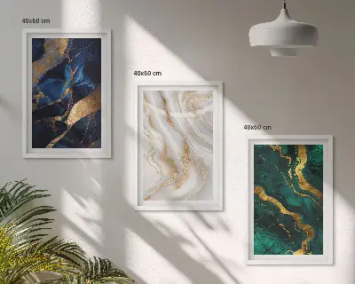 Conjunto de 3 quadros com moldura com padrões abstratos em tons de azul e verde