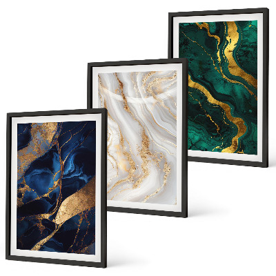 Conjunto de 3 quadros com moldura Padrões abstratos em tons de azul e verde