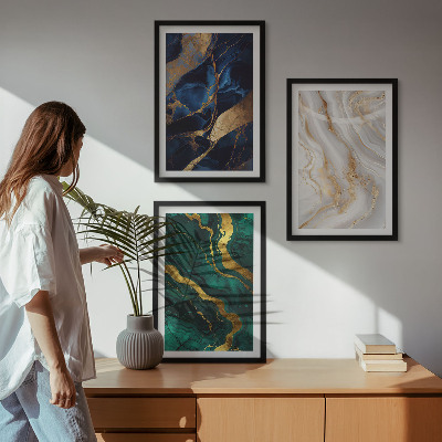 Conjunto de 3 quadros com moldura Padrões abstratos em tons de azul e verde