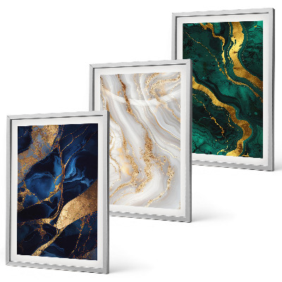 Conjunto de 3 quadros com moldura Padrões abstratos em tons de azul e verde