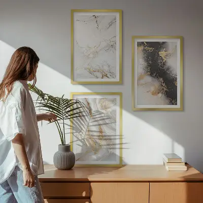 Conjunto de quadros para sala de estar com padrões abstratos em preto e branco