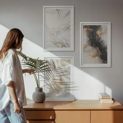 Conjunto de quadros para sala de estar com padrões abstratos em preto e branco