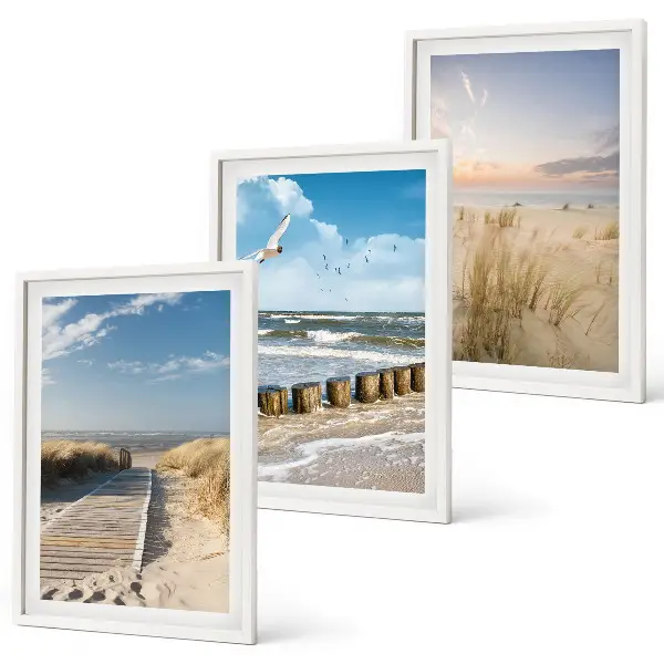 Conjunto de quadros para sala de estar com tema de praia, areia, ondas, céu e pássaros