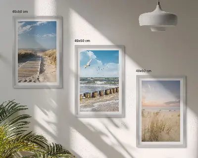 Conjunto de quadros para sala de estar com tema de praia, areia, ondas, céu e pássaros