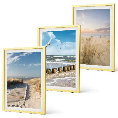 Conjunto de quadros para sala de estar com tema de praia, areia, ondas, céu e pássaros