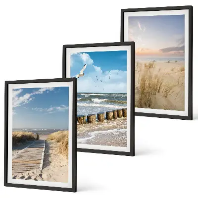 Conjunto de quadros para sala de estar com tema de praia, areia, ondas, céu e pássaros