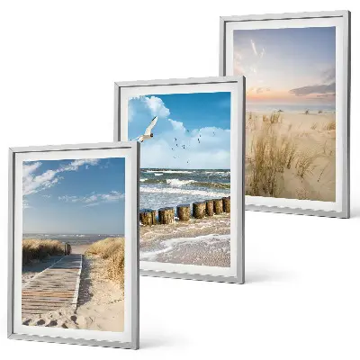 Conjunto de quadros para sala de estar com tema de praia, areia, ondas, céu e pássaros