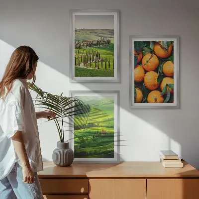 Conjunto de quadros para sala de estar paisagem rural italiana com laranjas