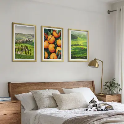 Conjunto de quadros para sala de estar paisagem rural italiana com laranjas