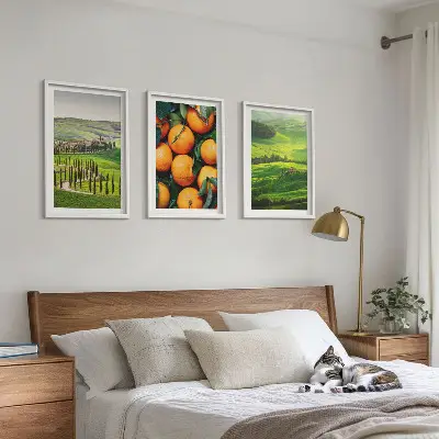 Conjunto de quadros para sala de estar paisagem rural italiana com laranjas