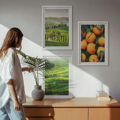 Conjunto de quadros para sala de estar paisagem rural italiana com laranjas