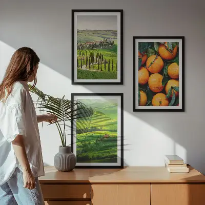 Conjunto de quadros para sala de estar paisagem rural italiana com laranjas