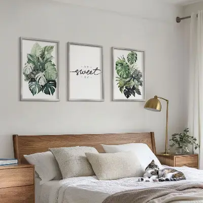 Conjunto de quadros para sala de estar com estampas de plantas e a inscrição Doce Lar