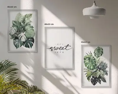 Conjunto de quadros para sala de estar com estampas de plantas e a inscrição Doce Lar