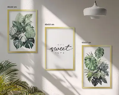 Conjunto de quadros para sala de estar com estampas de plantas e a inscrição Doce Lar