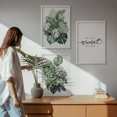 Conjunto de quadros para sala de estar com estampas de plantas e a inscrição Doce Lar