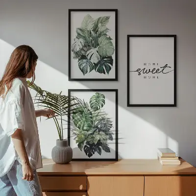 Conjunto de quadros para sala de estar com estampas de plantas e a inscrição Doce Lar