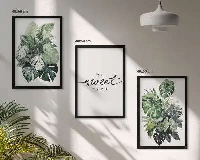Conjunto de quadros para sala de estar com estampas de plantas e a inscrição Doce Lar