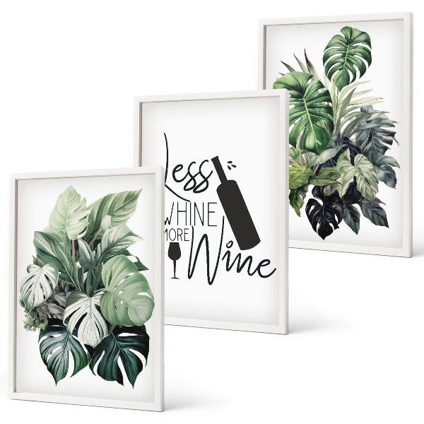 Conjunto de 3 quadros com moldura folhas de planta verde-vinho